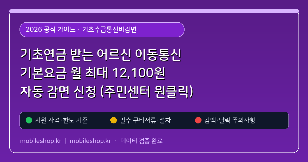 기초연금 받는 어르신 이동통신 기본요금 월 최대 12,100원 자동 감면 신청 (주민센터 원클릭)