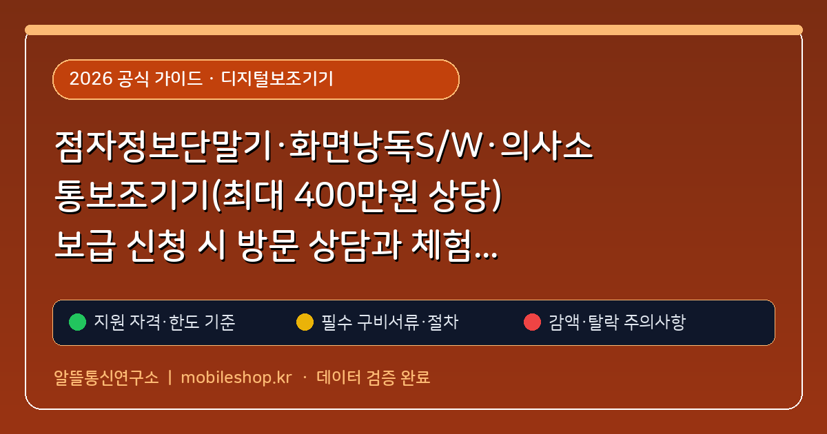 점자정보단말기·화면낭독S/W·의사소통보조기기(최대 400만원 상당) 보급 신청 시 방문 상담과 체험 신청법 (디지털보조기기) 핵심 기준 및 모의계산 요약표